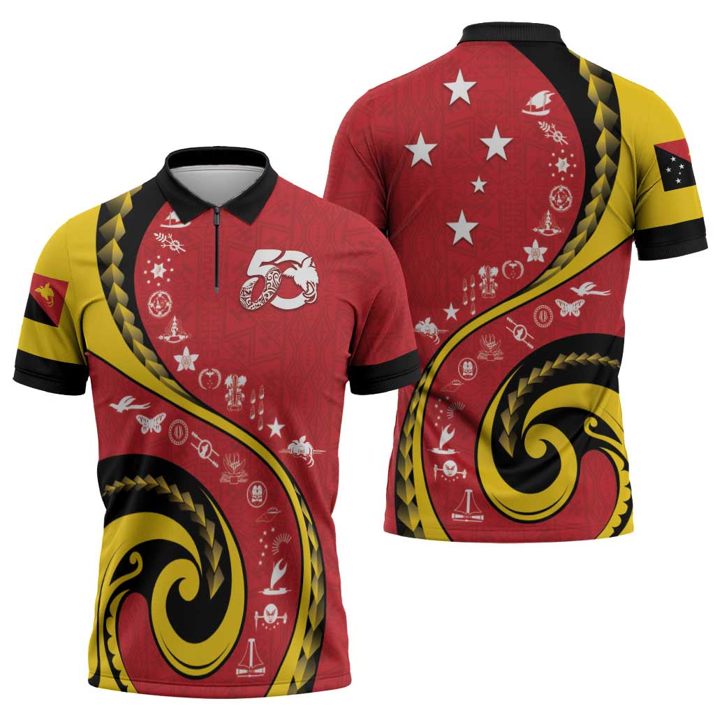 Papua New Guinea 50th Independence Anniversary Zipper Polo Shirt Special Style Red Version - Polynesian Pride