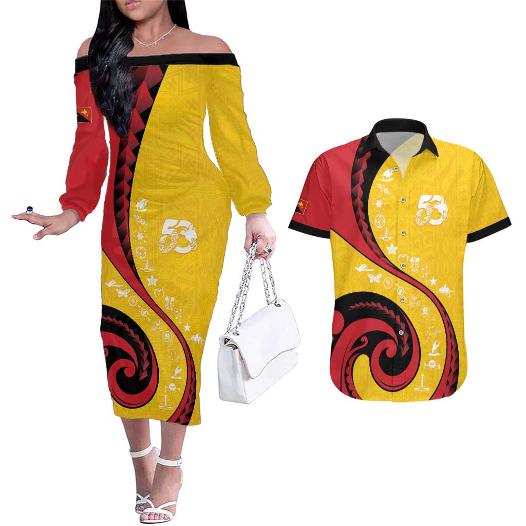 Papua New Guinea 50th Independence Anniversary Couples Matching Off The Shoulder Long Sleeve Dress and Hawaiian Shirt Special Style Yellow Version LT05 Yellow - Polynesian Pride