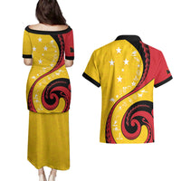 Papua New Guinea 50th Independence Anniversary Couples Matching Puletasi and Hawaiian Shirt Special Style Yellow Version - Polynesian Pride