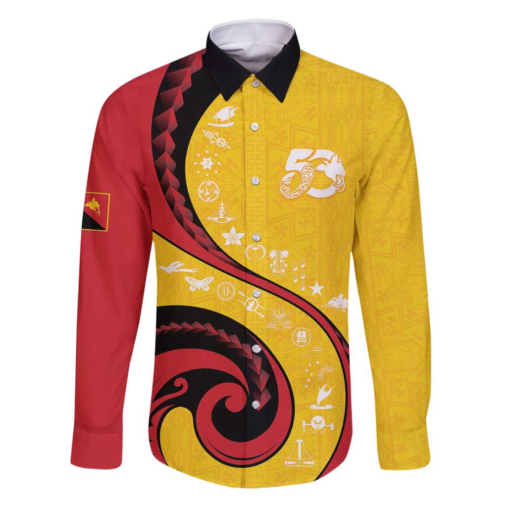Papua New Guinea 50th Independence Anniversary Family Matching Long Sleeve Bodycon Dress and Hawaiian Shirt Special Style Yellow Version LT05 Dad's Shirt - Long Sleeve Yellow - Polynesian Pride