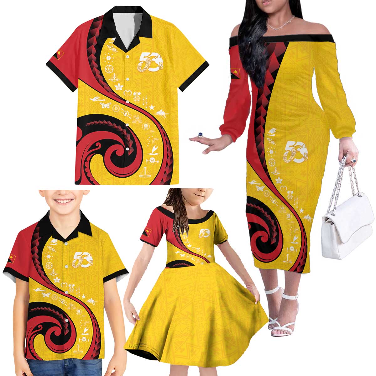Papua New Guinea 50th Independence Anniversary Family Matching Off The Shoulder Long Sleeve Dress and Hawaiian Shirt Special Style Yellow Version LT05 - Polynesian Pride