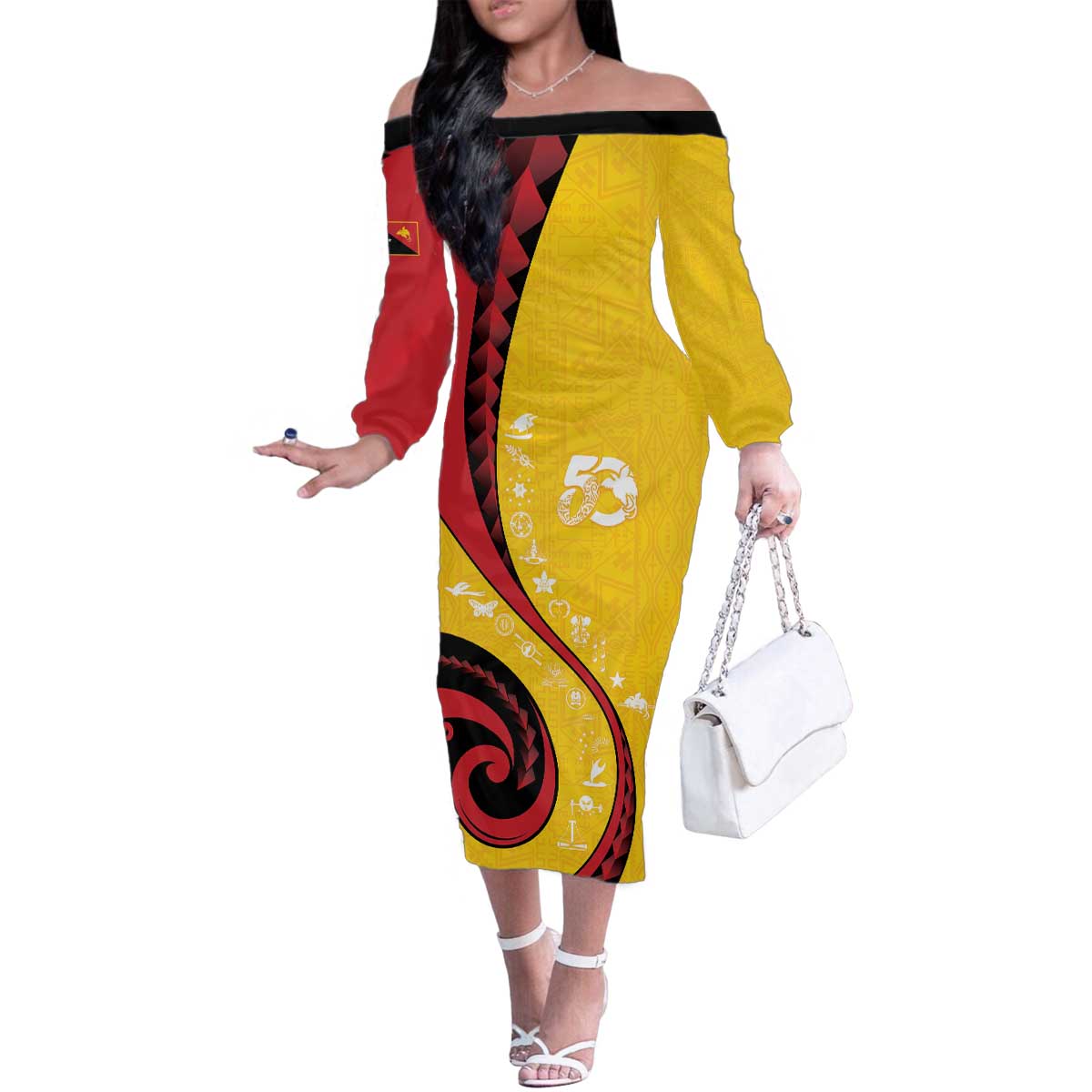 Papua New Guinea 50th Independence Anniversary Family Matching Off The Shoulder Long Sleeve Dress and Hawaiian Shirt Special Style Yellow Version LT05 Mom's Dress Yellow - Polynesian Pride