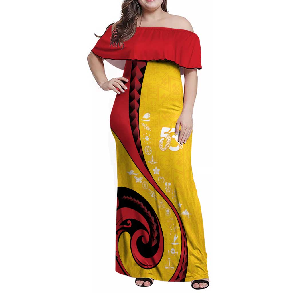 Papua New Guinea 50th Independence Anniversary Family Matching Off Shoulder Maxi Dress and Hawaiian Shirt Special Style Yellow Version LT05 Mom's Dress Yellow - Polynesian Pride