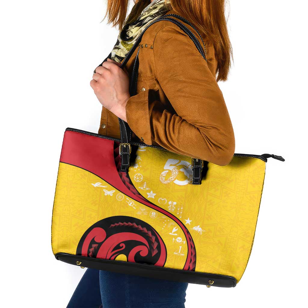 Papua New Guinea 50th Independence Anniversary Leather Tote Bag Special Style Yellow Version - Polynesian Pride