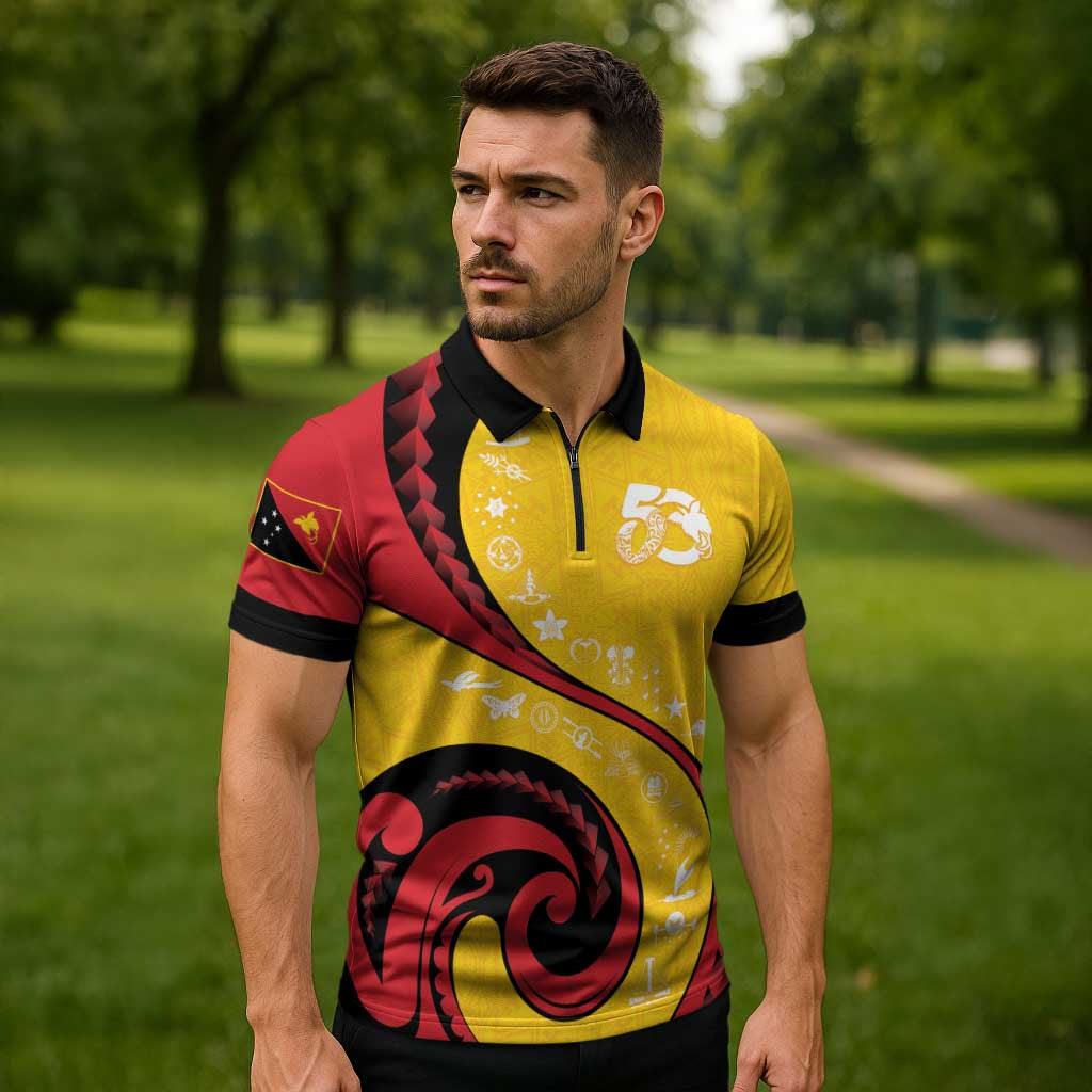 Papua New Guinea 50th Independence Anniversary Zipper Polo Shirt Special Style Yellow Version - Polynesian Pride