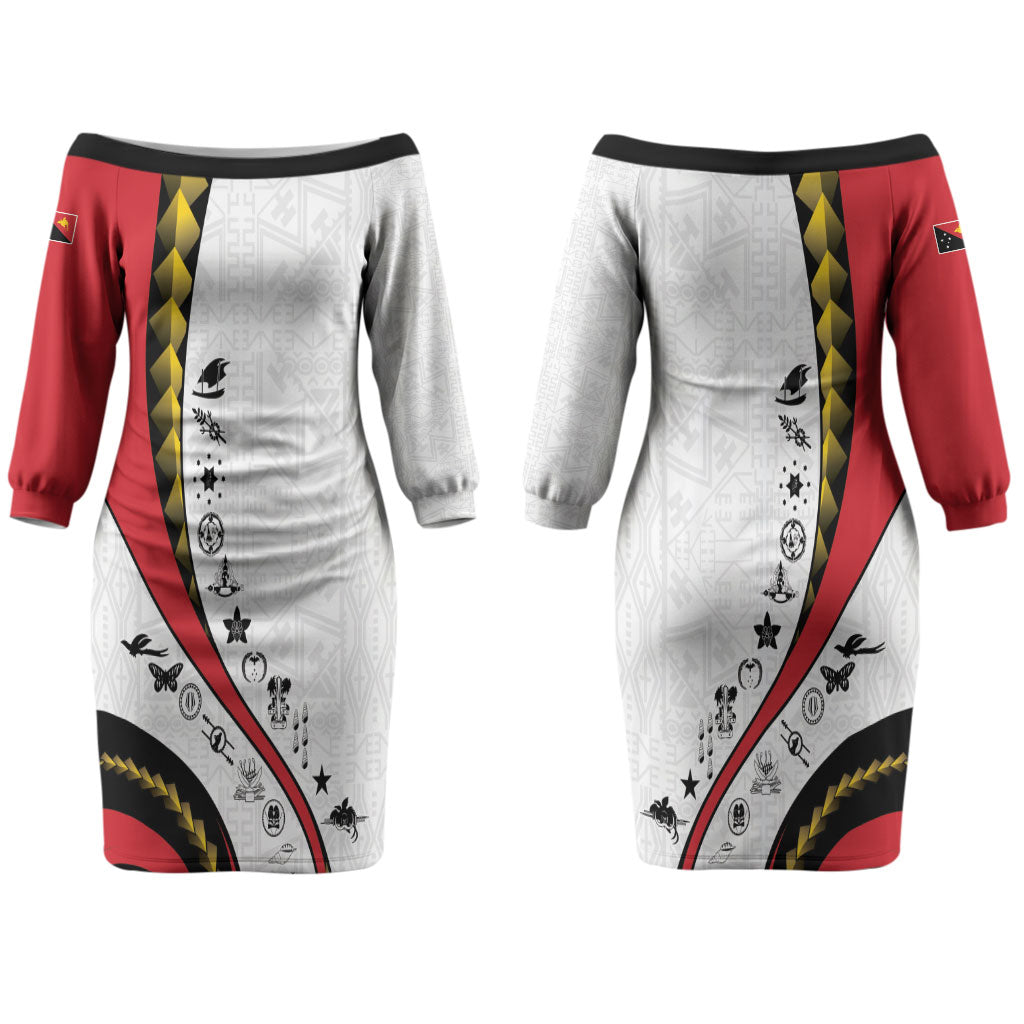 Papua New Guinea Independence Couples Matching Off The Shoulder Long Sleeve Dress and Hawaiian Shirt Special Style White Version LT05 - Polynesian Pride