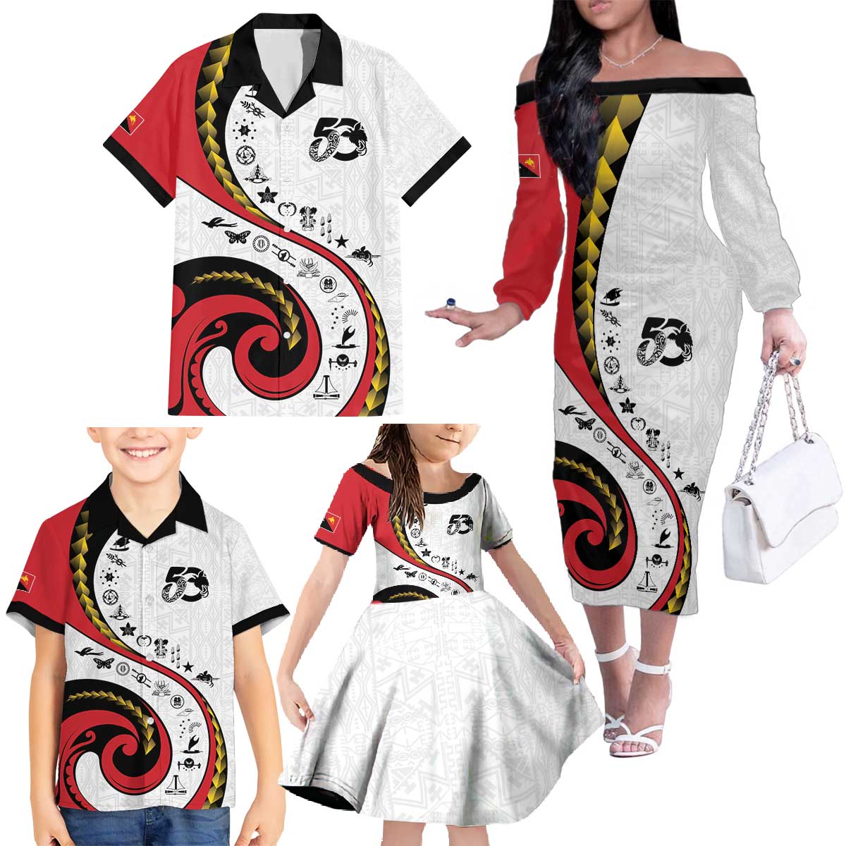 Papua New Guinea 50th Independence Anniversary Family Matching Off The Shoulder Long Sleeve Dress and Hawaiian Shirt Special Style White Version LT05 - Polynesian Pride