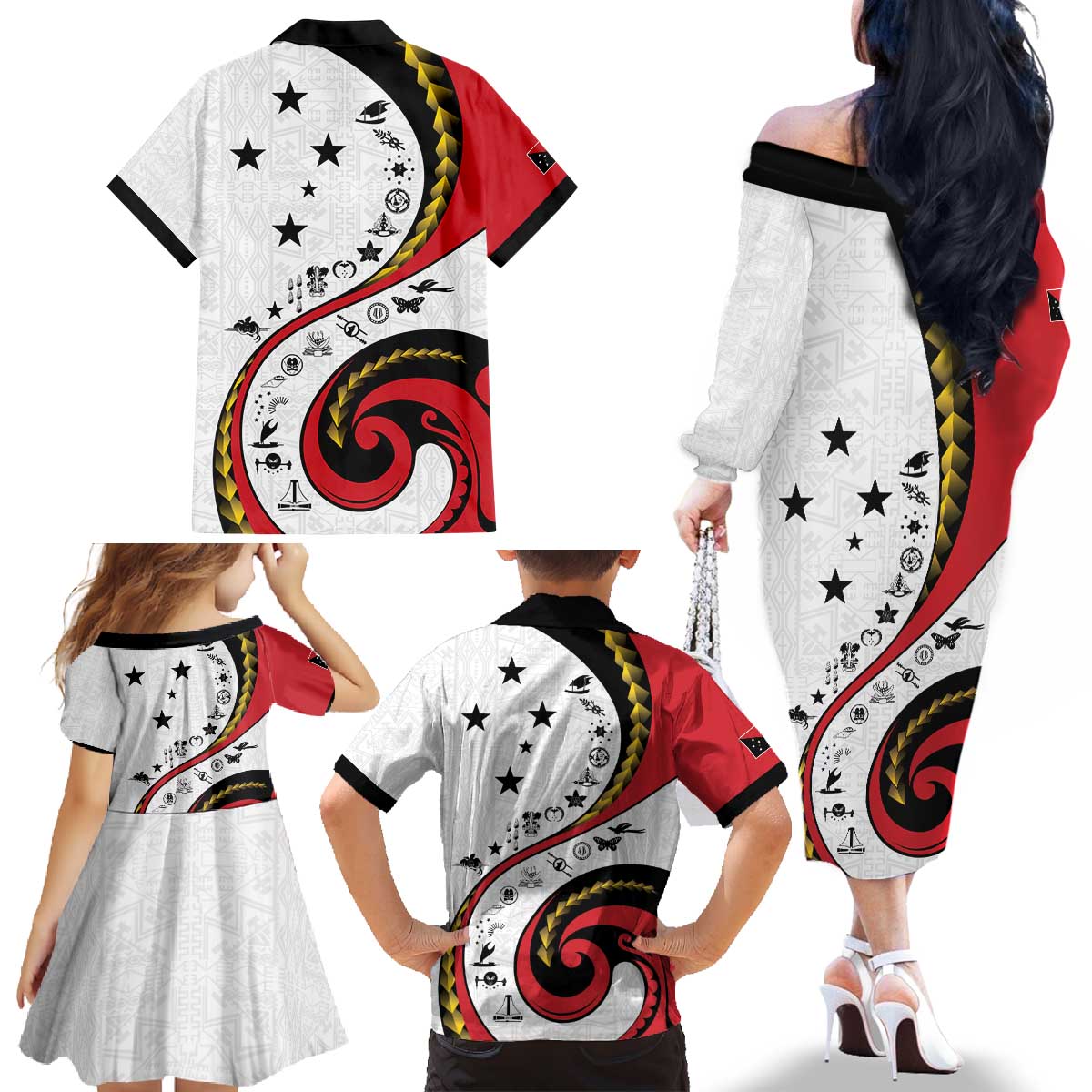 Papua New Guinea 50th Independence Anniversary Family Matching Off The Shoulder Long Sleeve Dress and Hawaiian Shirt Special Style White Version LT05 - Polynesian Pride