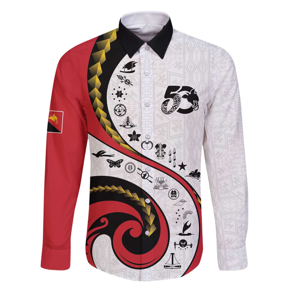 Papua New Guinea 50th Independence Anniversary Family Matching Off The Shoulder Long Sleeve Dress and Hawaiian Shirt Special Style White Version LT05 Dad's Shirt - Long Sleeve White - Polynesian Pride