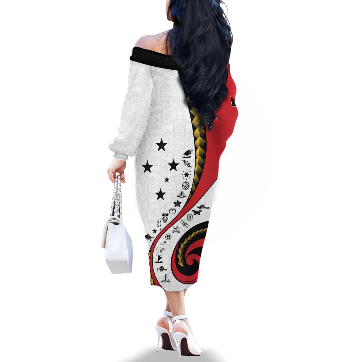 Papua New Guinea 50th Independence Anniversary Family Matching Off The Shoulder Long Sleeve Dress and Hawaiian Shirt Special Style White Version LT05 - Polynesian Pride
