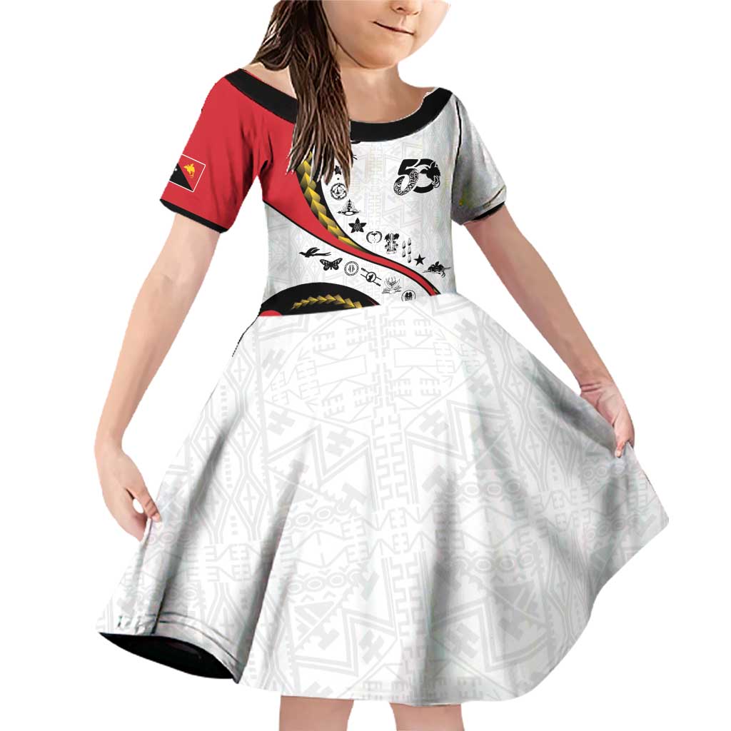 Papua New Guinea 50th Independence Anniversary Family Matching Off Shoulder Short Dress and Hawaiian Shirt Special Style White Version LT05 Daughter's Dress White - Polynesian Pride