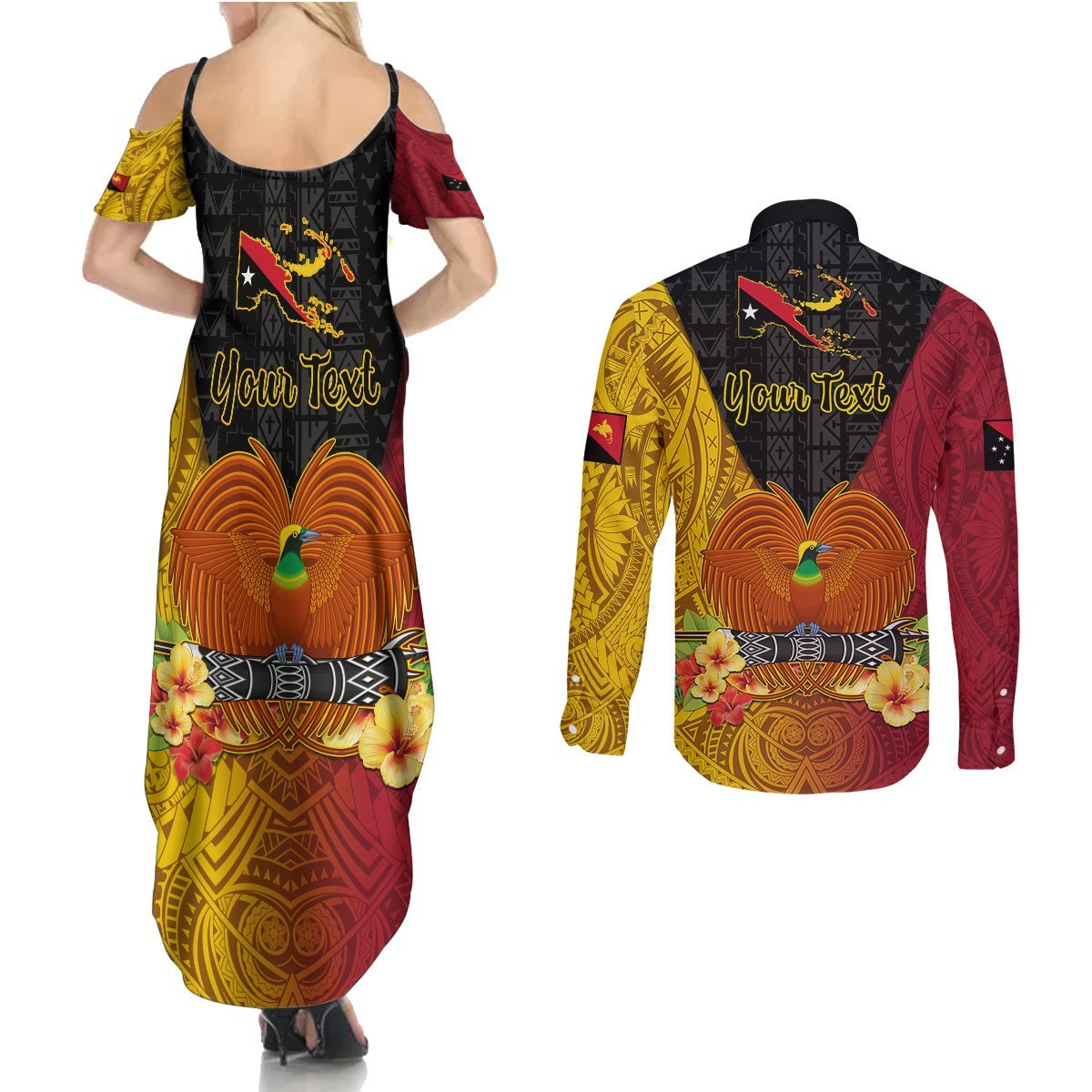 Personalized Papua New Guinea Independence Day Couples Matching Summer Maxi Dress and Long Sleeve Button Shirts Bird Of Paradise With Polynesian Pattern LT05 - Polynesian Pride