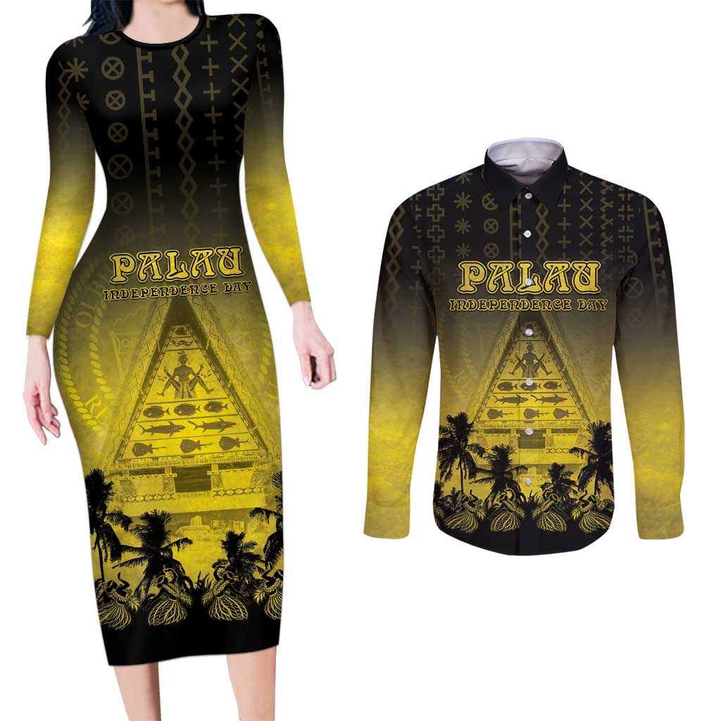 Personalised Palau Independence Day Couples Matching Long Sleeve Bodycon Dress and Long Sleeve Button Shirt Palauan Tattoo Pattern LT05 Black - Polynesian Pride