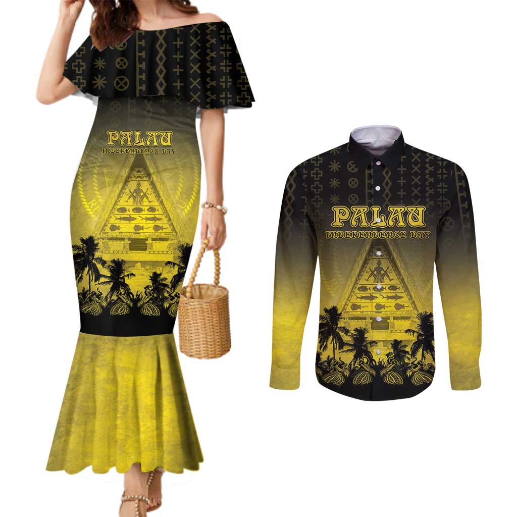 Personalised Palau Independence Day Couples Matching Mermaid Dress and Long Sleeve Button Shirt Palauan Tattoo Pattern LT05 Black - Polynesian Pride