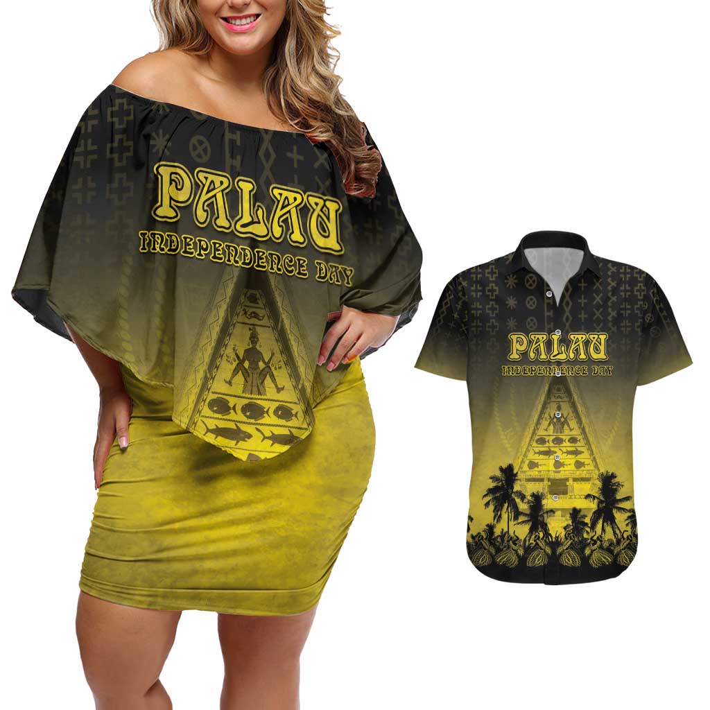 Personalised Palau Independence Day Couples Matching Off Shoulder Short Dress and Hawaiian Shirt Palauan Tattoo Pattern LT05 Black - Polynesian Pride
