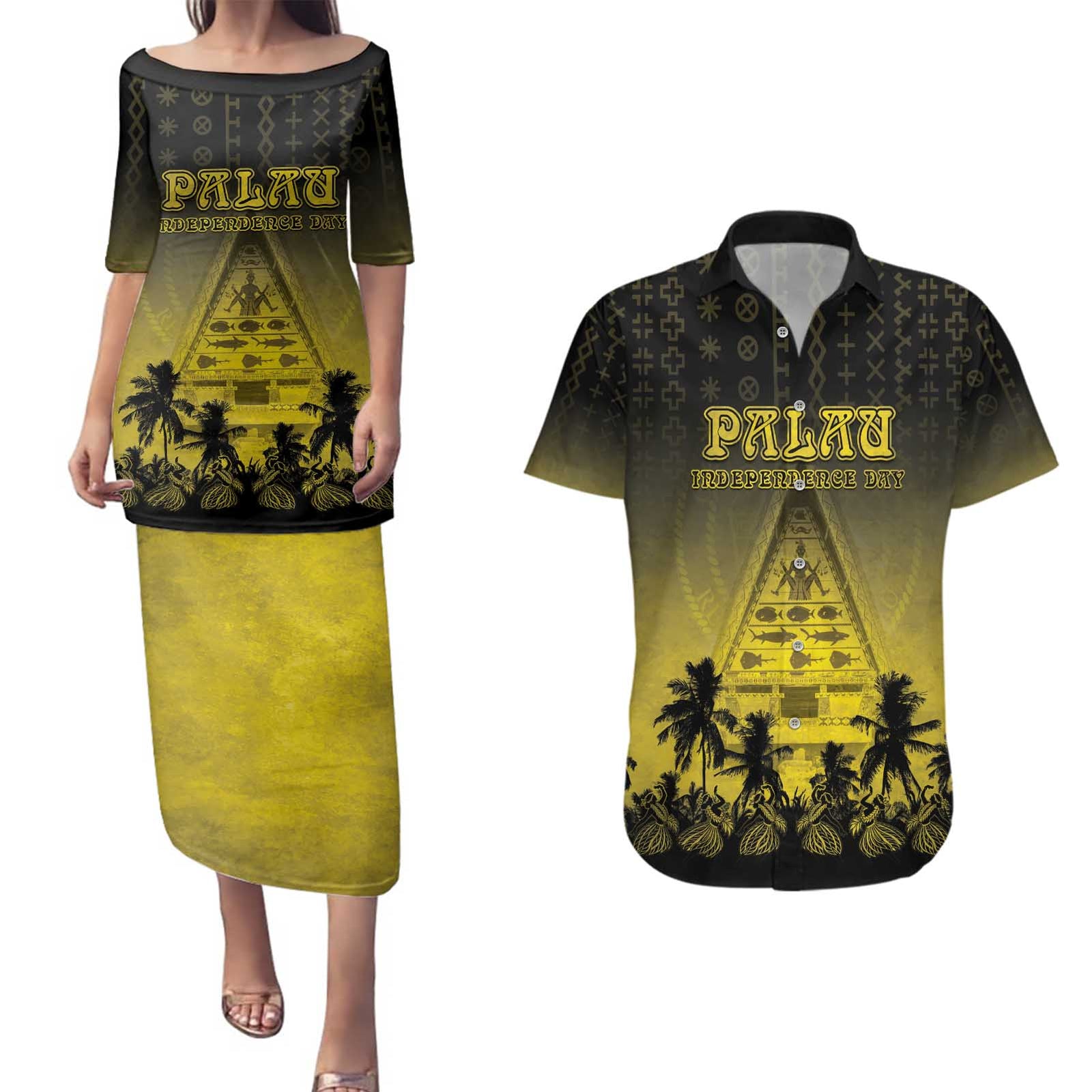 Personalised Palau Independence Day Couples Matching Puletasi and Hawaiian Shirt Palauan Tattoo Pattern LT05 Black - Polynesian Pride