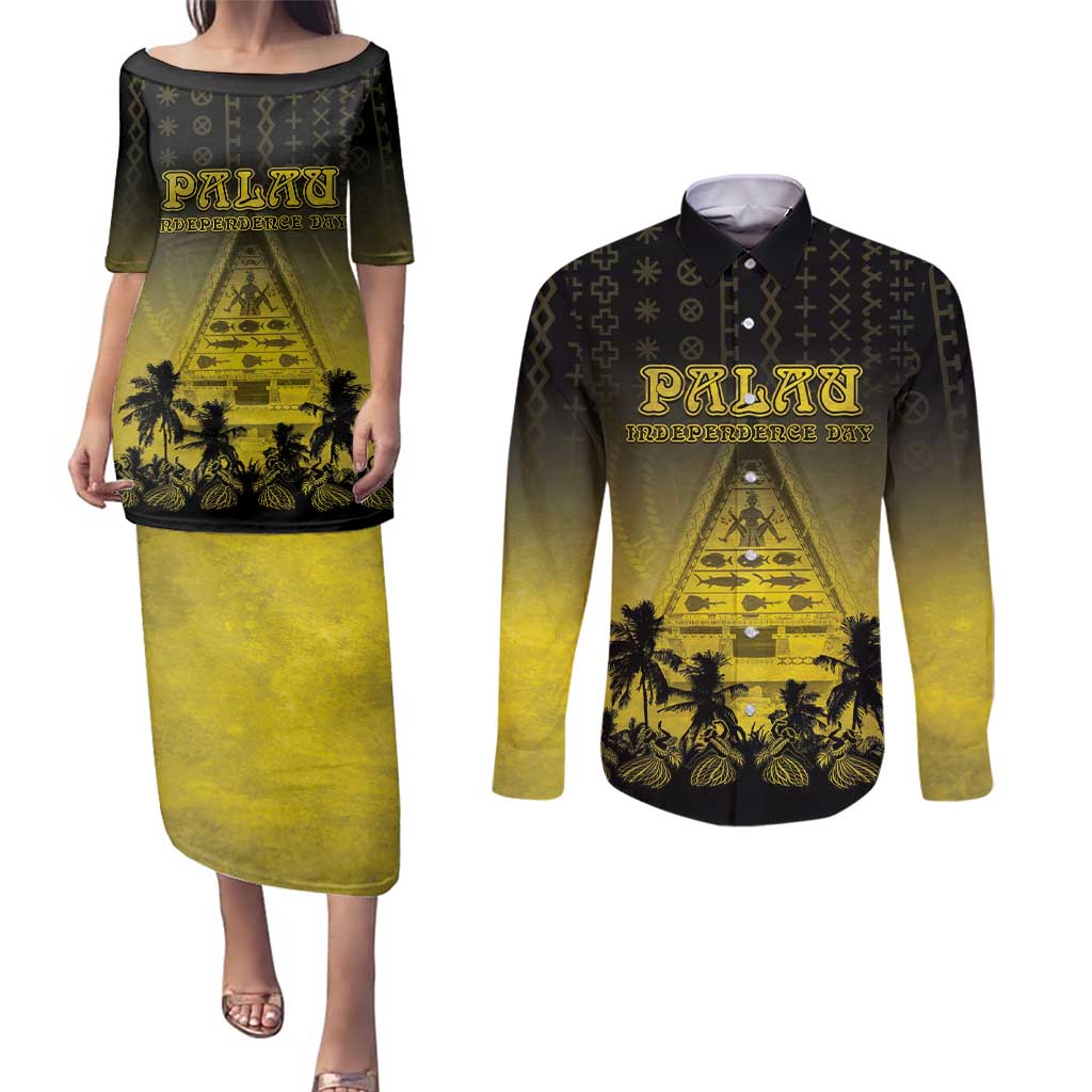 Personalised Palau Independence Day Couples Matching Puletasi and Long Sleeve Button Shirt Palauan Tattoo Pattern LT05 Black - Polynesian Pride