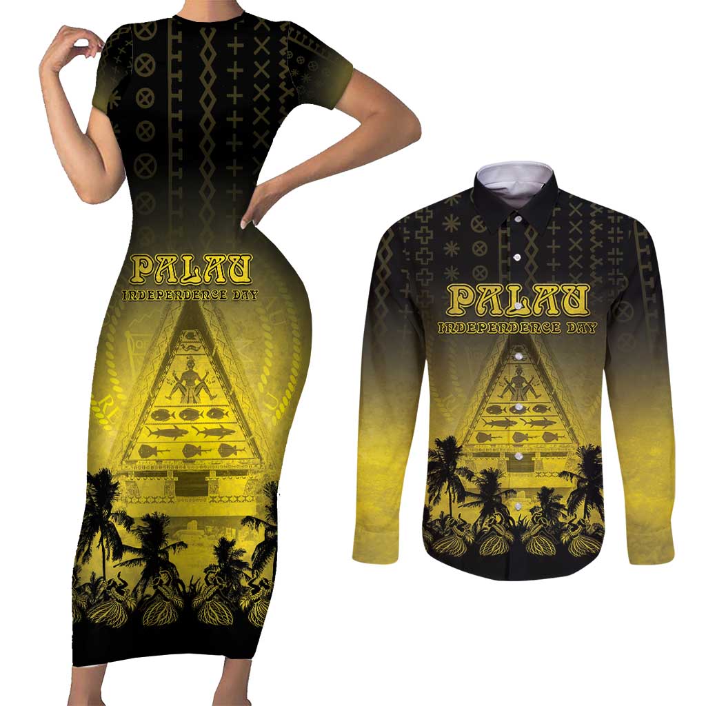 Personalised Palau Independence Day Couples Matching Short Sleeve Bodycon Dress and Long Sleeve Button Shirt Palauan Tattoo Pattern LT05 Black - Polynesian Pride