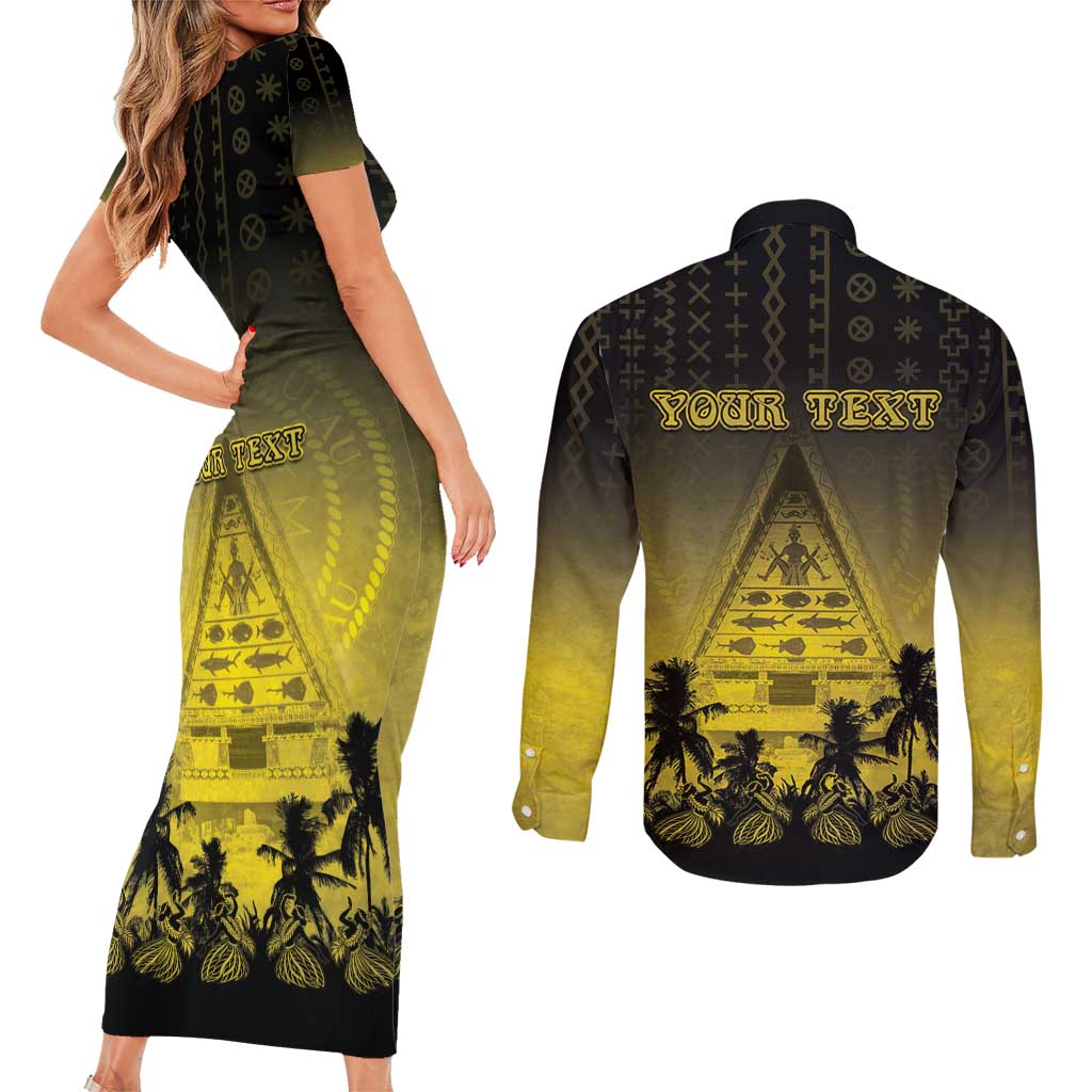 Personalised Palau Independence Day Couples Matching Short Sleeve Bodycon Dress and Long Sleeve Button Shirt Palauan Tattoo Pattern - Polynesian Pride