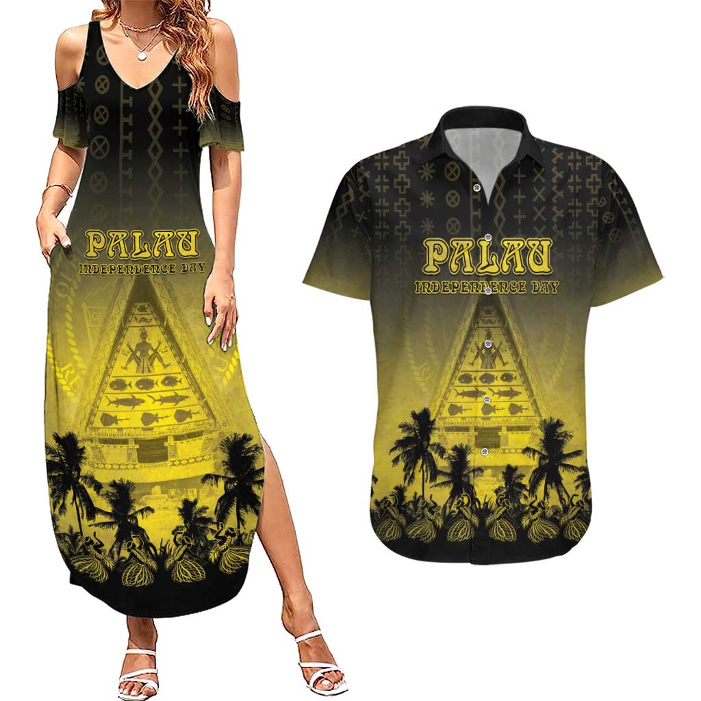 Personalised Palau Independence Day Couples Matching Summer Maxi Dress and Hawaiian Shirt Palauan Tattoo Pattern LT05 Black - Polynesian Pride