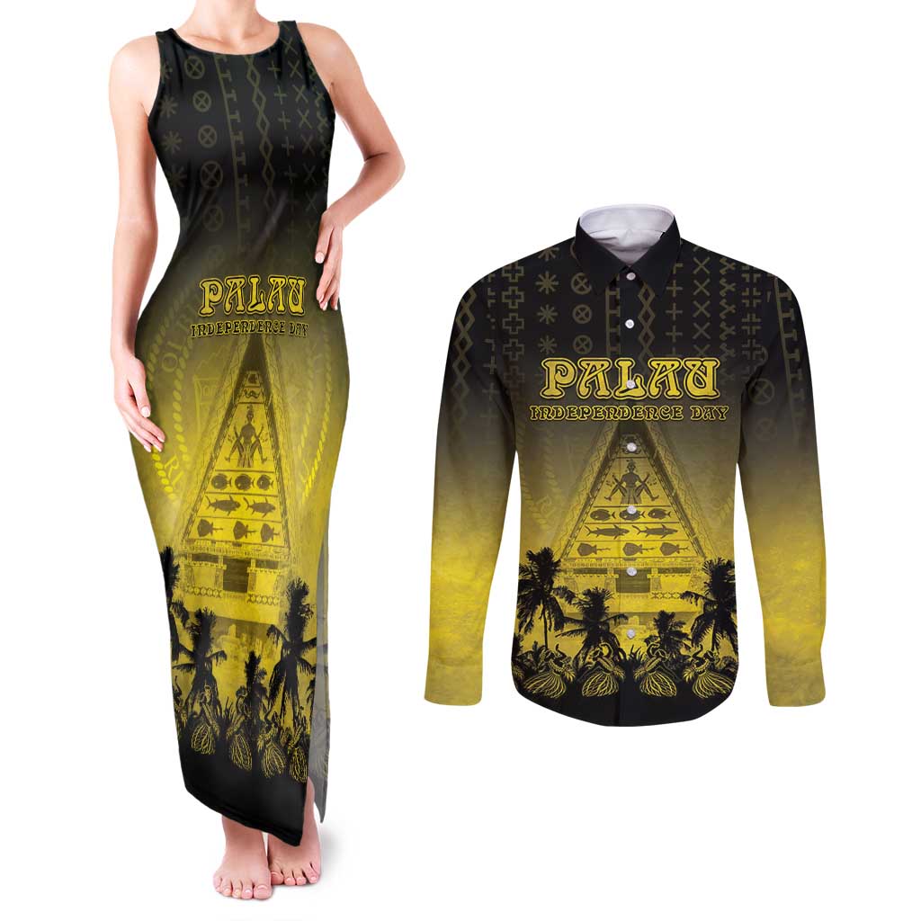 Personalised Palau Independence Day Couples Matching Tank Maxi Dress and Long Sleeve Button Shirt Palauan Tattoo Pattern LT05 Black - Polynesian Pride