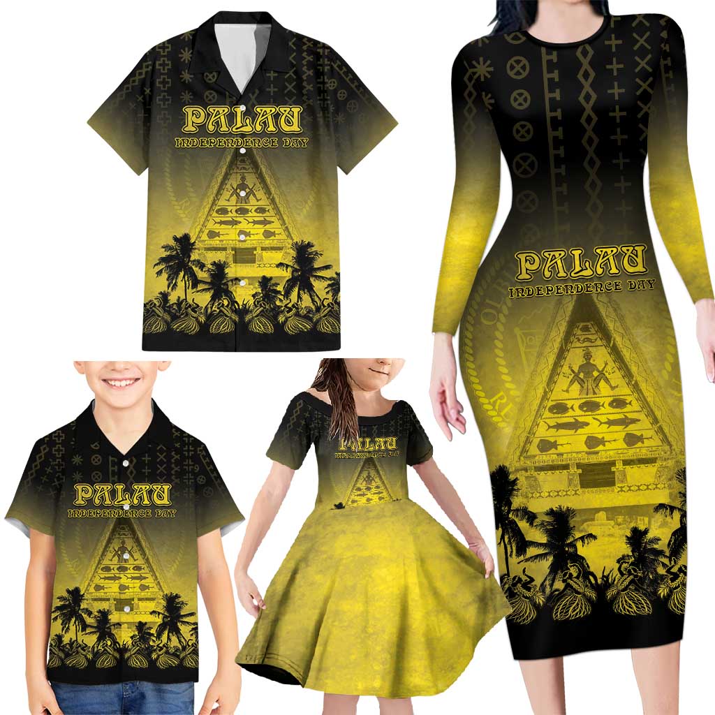 Personalised Palau Independence Day Family Matching Long Sleeve Bodycon Dress and Hawaiian Shirt Palauan Tattoo Pattern LT05 - Polynesian Pride