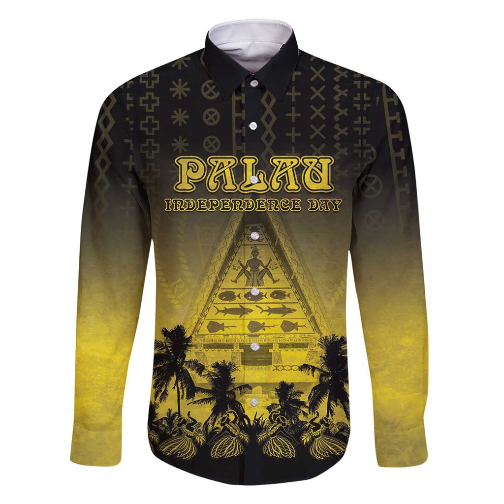 Personalised Palau Independence Day Family Matching Long Sleeve Bodycon Dress and Hawaiian Shirt Palauan Tattoo Pattern LT05 Dad's Shirt - Long Sleeve Black - Polynesian Pride