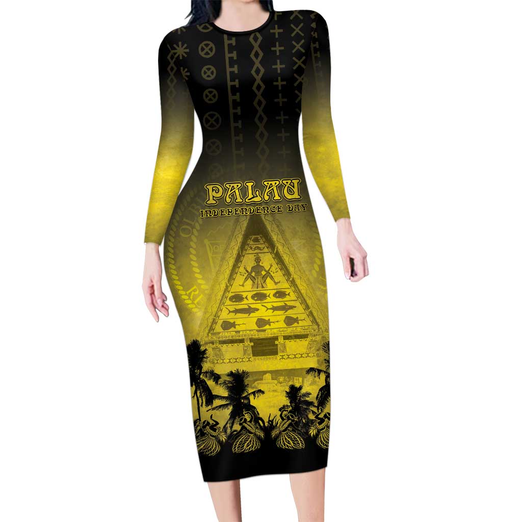 Personalised Palau Independence Day Family Matching Long Sleeve Bodycon Dress and Hawaiian Shirt Palauan Tattoo Pattern LT05 Mom's Dress Black - Polynesian Pride