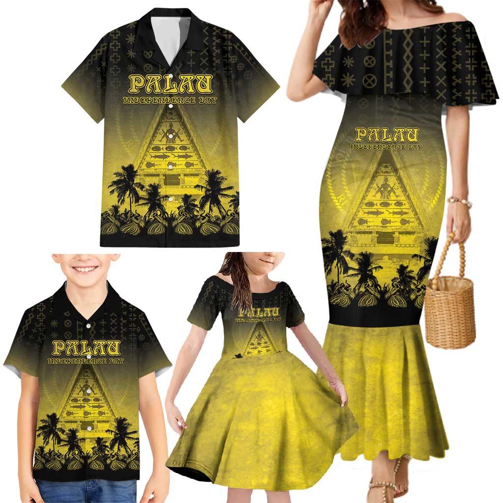 Personalised Palau Independence Day Family Matching Mermaid Dress and Hawaiian Shirt Palauan Tattoo Pattern LT05 - Polynesian Pride