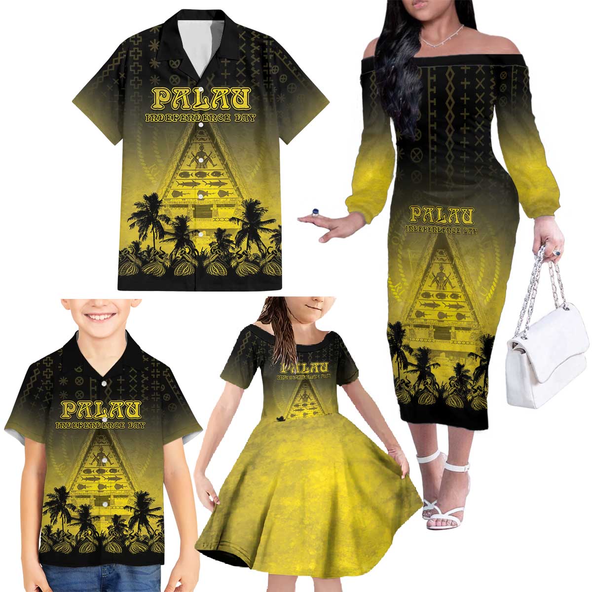 Personalised Palau Independence Day Family Matching Off The Shoulder Long Sleeve Dress and Hawaiian Shirt Palauan Tattoo Pattern LT05 - Polynesian Pride