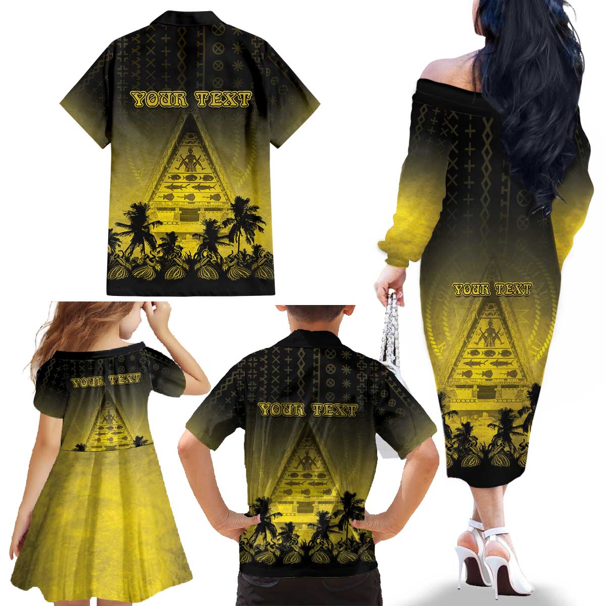 Personalised Palau Independence Day Family Matching Off The Shoulder Long Sleeve Dress and Hawaiian Shirt Palauan Tattoo Pattern LT05 - Polynesian Pride