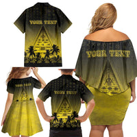 Personalised Palau Independence Day Family Matching Off Shoulder Short Dress and Hawaiian Shirt Palauan Tattoo Pattern - Polynesian Pride