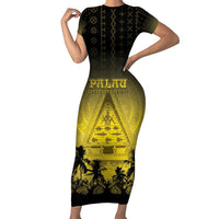 Personalised Palau Independence Day Family Matching Short Sleeve Bodycon Dress and Hawaiian Shirt Palauan Tattoo Pattern LT05 Mom's Dress Black - Polynesian Pride