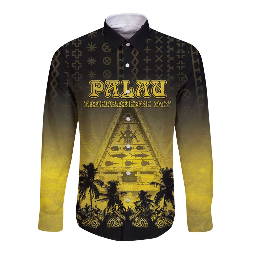 Personalised Palau Independence Day Long Sleeve Button Shirt Palauan Tattoo Pattern LT05 Unisex Black - Polynesian Pride