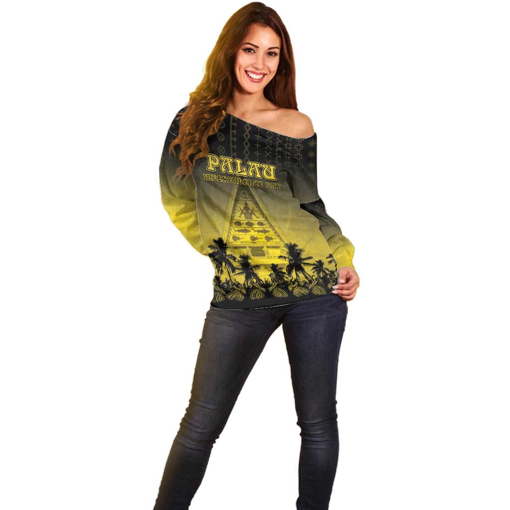Personalised Palau Independence Day Off Shoulder Sweater Palauan Tattoo Pattern - Polynesian Pride