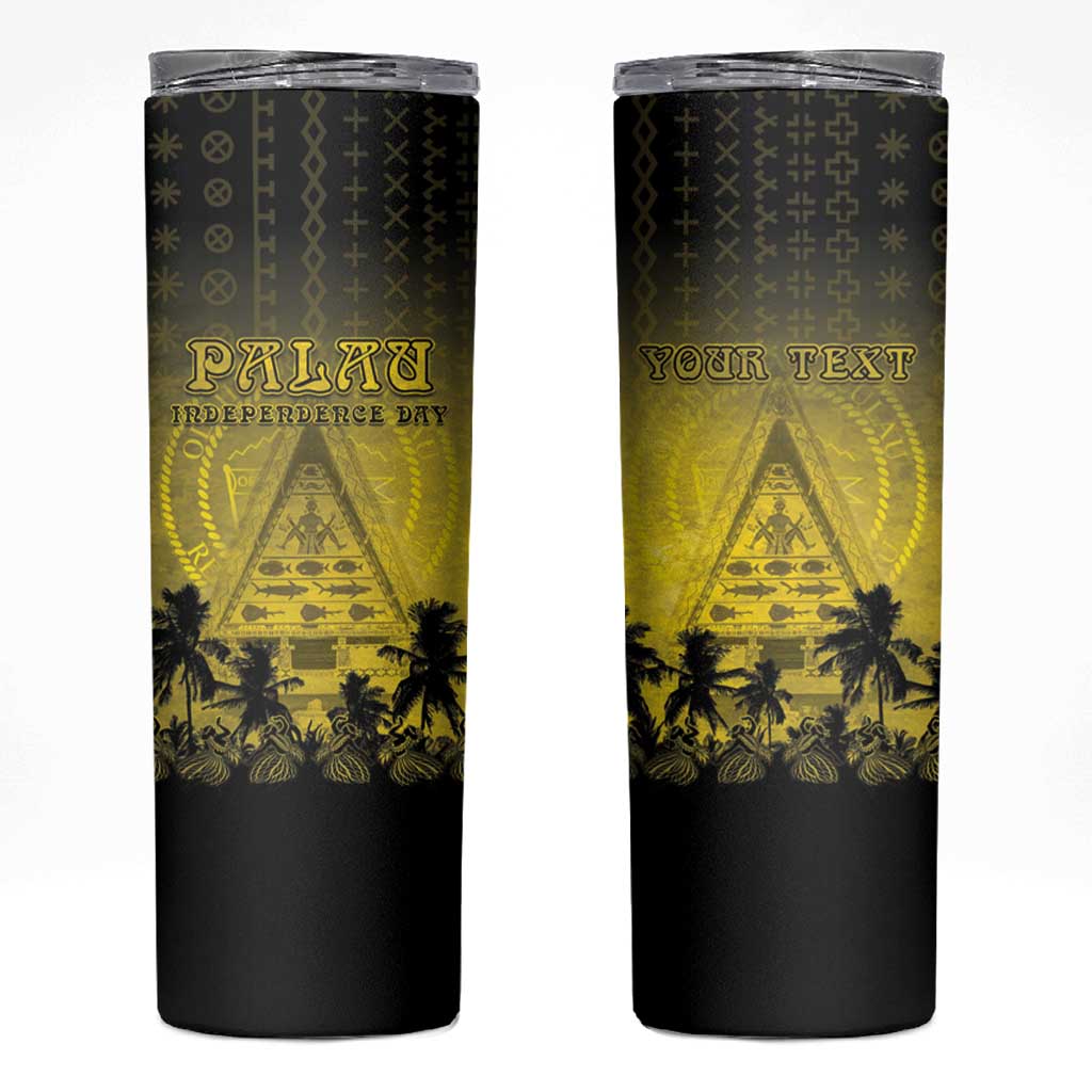 Personalised Palau Independence Day Skinny Tumbler Palauan Tattoo Pattern LT05 Black - Polynesian Pride