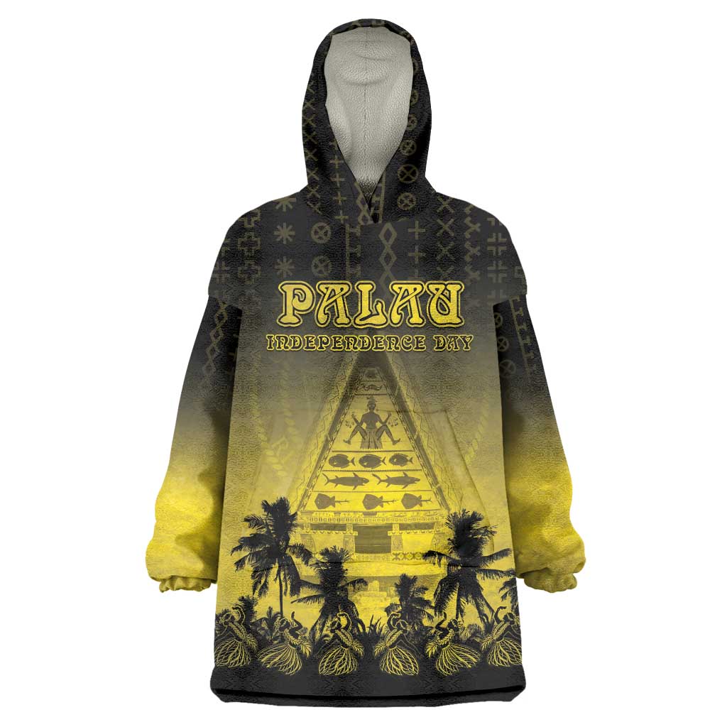 Personalised Palau Independence Day Wearable Blanket Hoodie Palauan Tattoo Pattern LT05 One Size Black - Polynesian Pride