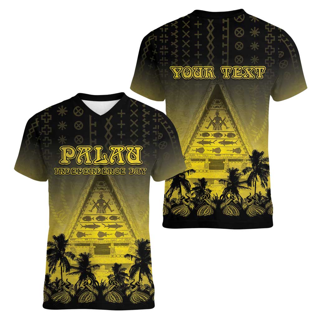 Personalised Palau Independence Day Women V-Neck T-Shirt Palauan Tattoo Pattern LT05 - Polynesian Pride