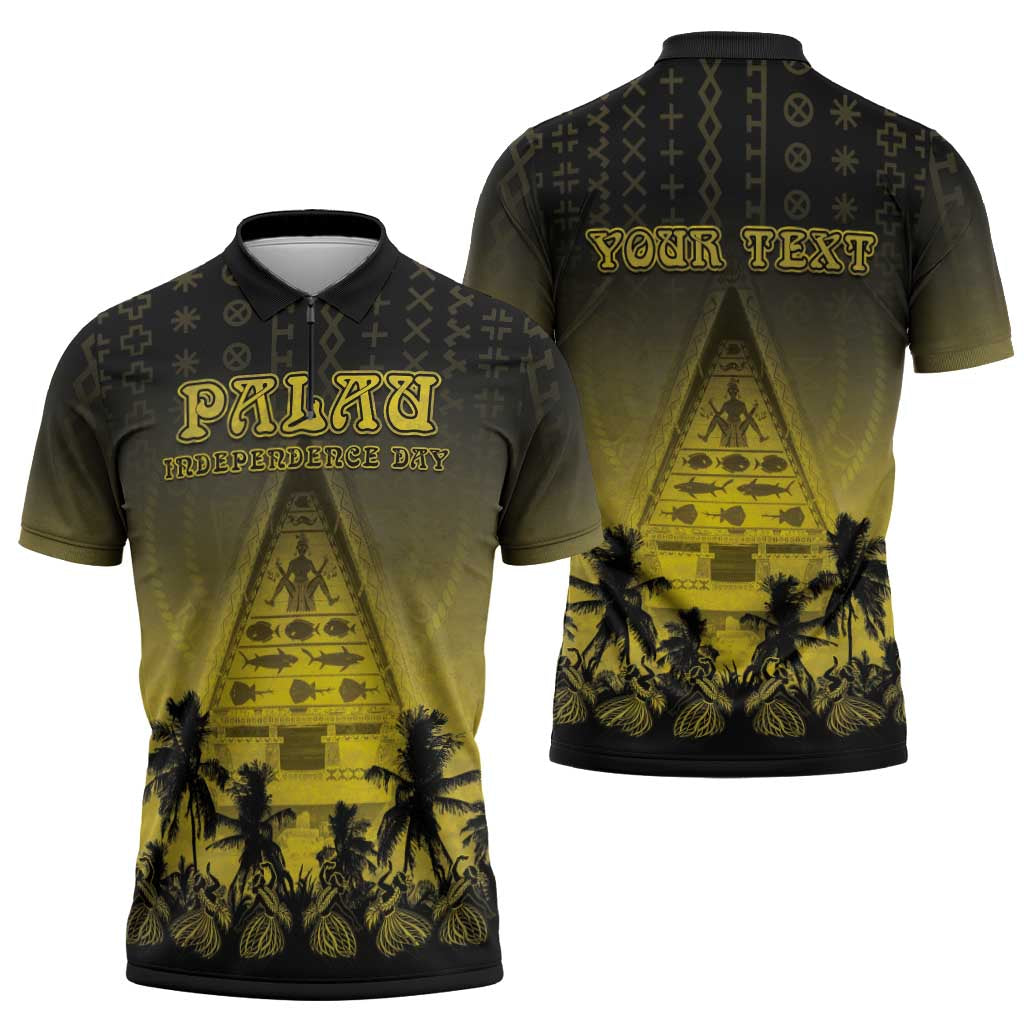Personalised Palau Independence Day Zipper Polo Shirt Palauan Tattoo Pattern - Polynesian Pride