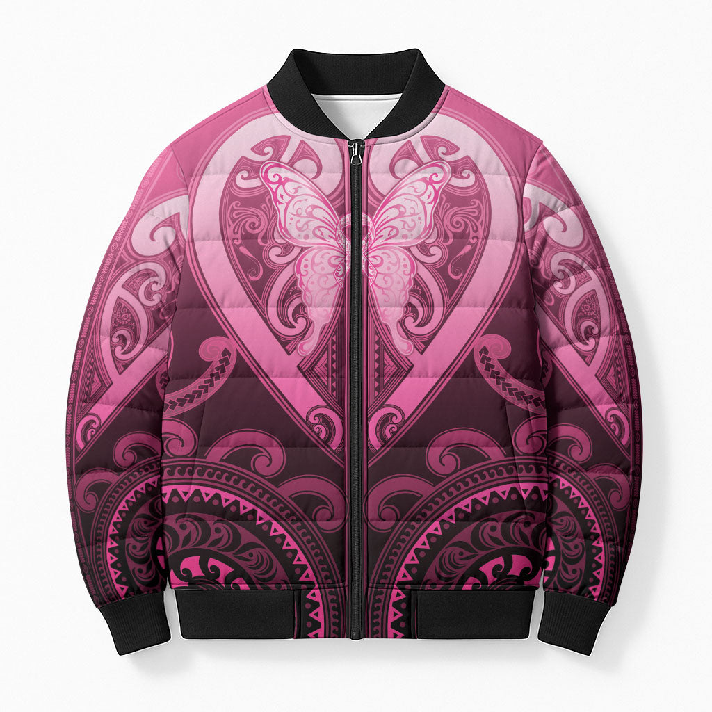 Aotearoa Breast Cancer Bomber Puffer Jacket Maori Tribal Pattern LT05 Unisex Pink - Polynesian Pride