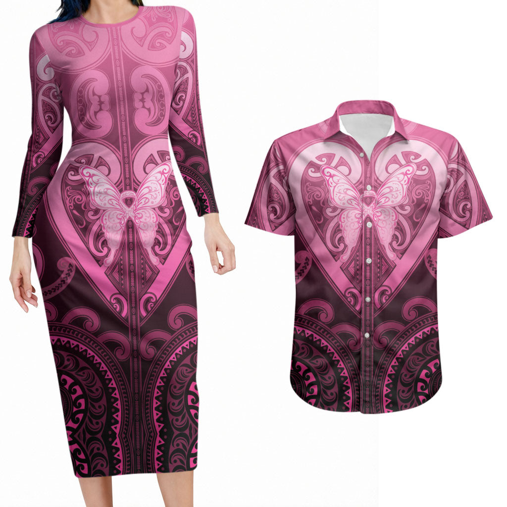 Aotearoa Breast Cancer Couples Matching Long Sleeve Bodycon Dress and Hawaiian Shirt Maori Tribal Pattern LT05 Pink - Polynesian Pride