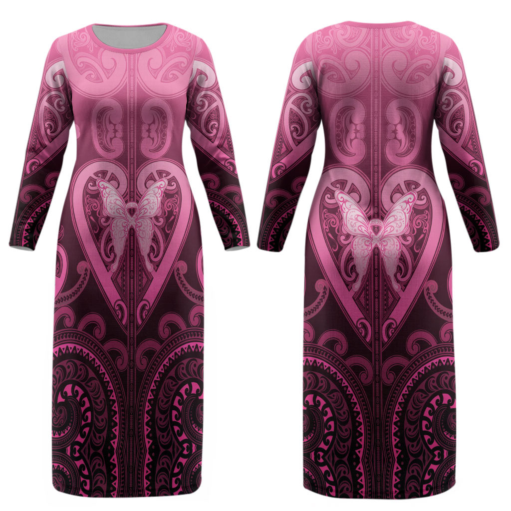 Aotearoa Breast Cancer Couples Matching Long Sleeve Bodycon Dress and Hawaiian Shirt Maori Tribal Pattern LT05 - Polynesian Pride
