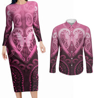 Aotearoa Breast Cancer Couples Matching Long Sleeve Bodycon Dress and Long Sleeve Button Shirt Maori Tribal Pattern LT05 Pink - Polynesian Pride