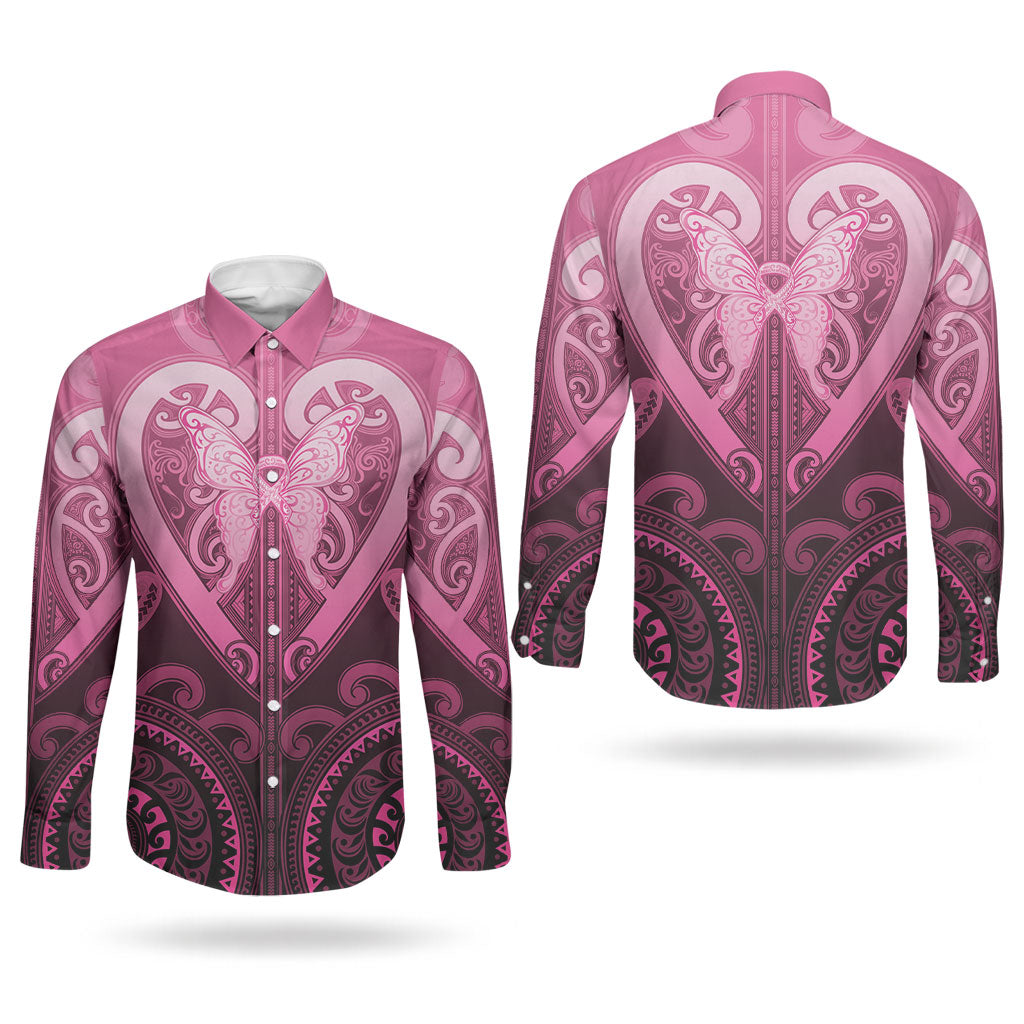 Aotearoa Breast Cancer Couples Matching Long Sleeve Bodycon Dress and Long Sleeve Button Shirt Maori Tribal Pattern LT05 - Polynesian Pride