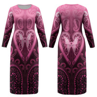 Aotearoa Breast Cancer Couples Matching Long Sleeve Bodycon Dress and Long Sleeve Button Shirt Maori Tribal Pattern LT05 - Polynesian Pride