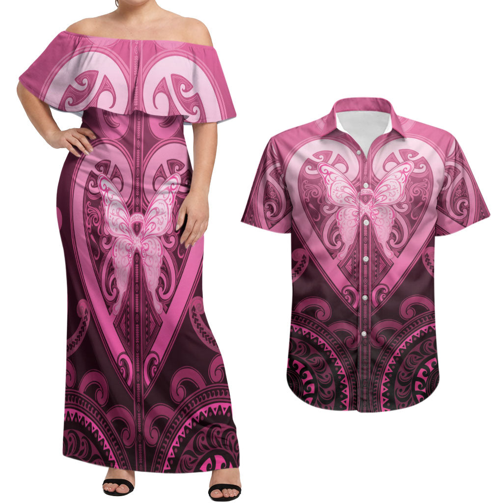 Aotearoa Breast Cancer Couples Matching Off Shoulder Maxi Dress and Hawaiian Shirt Maori Tribal Pattern LT05 Pink - Polynesian Pride