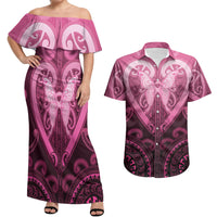 Aotearoa Breast Cancer Couples Matching Off Shoulder Maxi Dress and Hawaiian Shirt Maori Tribal Pattern LT05 Pink - Polynesian Pride