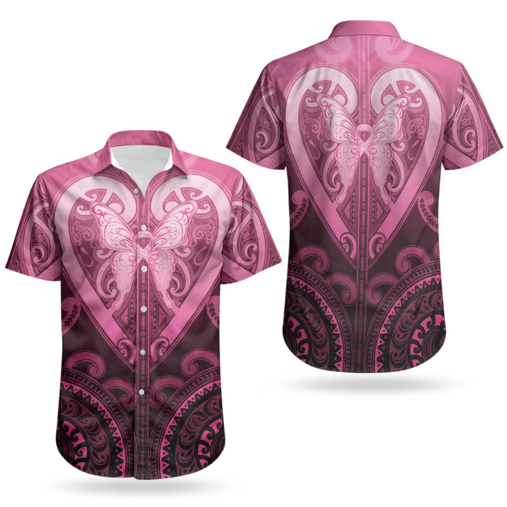 Aotearoa Breast Cancer Couples Matching Off Shoulder Maxi Dress and Hawaiian Shirt Maori Tribal Pattern LT05 - Polynesian Pride