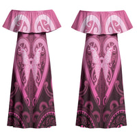 Aotearoa Breast Cancer Couples Matching Off Shoulder Maxi Dress and Hawaiian Shirt Maori Tribal Pattern LT05 - Polynesian Pride