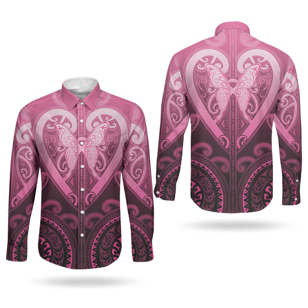 Aotearoa Breast Cancer Couples Matching Off Shoulder Maxi Dress and Long Sleeve Button Shirt Maori Tribal Pattern LT05 - Polynesian Pride